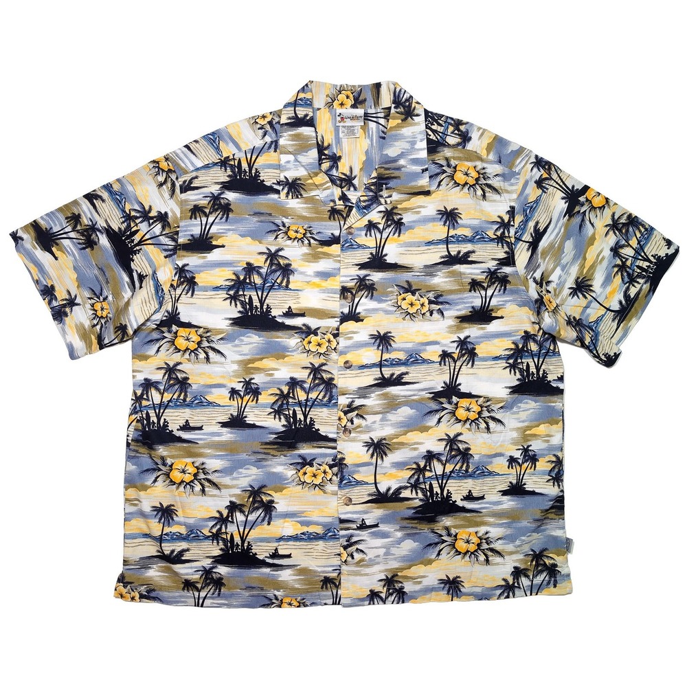 DISNEY World Button Up Shirt Mens XXL Blue Tropical Mickey Mouse Aloha Hawaiian